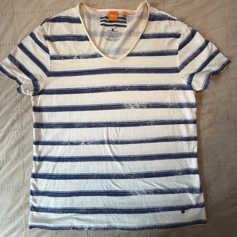 BOSS Orange Hugo Boss White Navy Striped V-Neck T-Shirt Size XL
